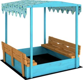 AIYAPLAY Lădiță cu Nisip pentru Copii 3-6 Ani cu Acoperiș Dinosauri, Bănci Pliabile, Capac și Husă Incluse, Lădiță de Nisip din Lemn de Brad, 134,5x127,5x130 cm, Albastru | Aosom Romania