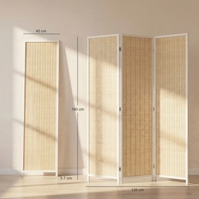 HOMCOM Paravan de Interior cu 3 Panouri, Pliabil, din Lemn și Bambus, 180 cm, Stil Boho, Natur/Alb | Aosom Romania