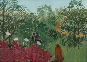 Tablou pe sticlă - Henri Rousseau, Tropical Forest with Monkeys, reproducere (70x50 cm)