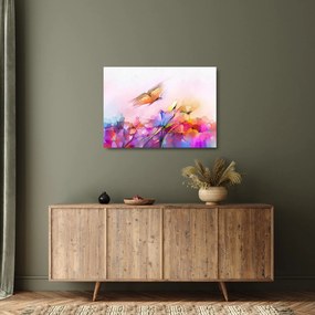 Tablou pe sticlă - Fluture asupra florilor, abstracție (70x50 cm)