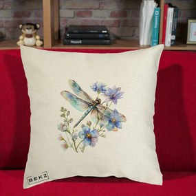 Perna Decorativa Libelula Acuarela Flori Albastre, 40x40 cm, Ecru, Husa Detasabila, Perna Inclusa, BEKZ®