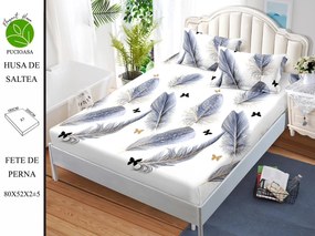 Husa de pat cu elastic 180x200 din Bumbac Finet + 2 Fete de Perna - Pene Albastre  Fluturi