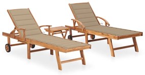 vidaXL Șezlonguri, 2 buc., cu masă și pernă, lemn masiv de tec