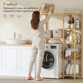 HOMCOM Mobilier deasupra mașinii de spălat din bambus cu 7 rafturi reversibile, spațiu economisitor, pentru depozitare și organizare, pentru baie și spălătorie, 100x40x157 cm, culoare lemn | Aosom Romania