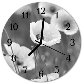Ceas de perete din sticla rotund Maci Flori &amp; Plante Black &amp; White