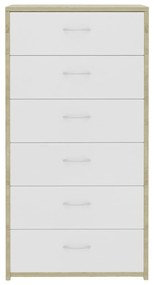 Servanta cu 6 sertare, alb si stejar Sonoma, 50x34x96 cm, PAL 1, alb si stejar sonoma