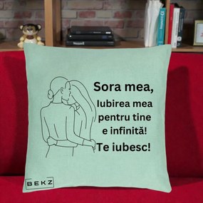 Cadou pentru Sora - Perna Personalizata Sora Mea Te Iubesc Imbratisare din Spate Line Art, 40x40 cm, Verde Menta, Husa Detasabila, Perna Inclusa, BEKZ®
