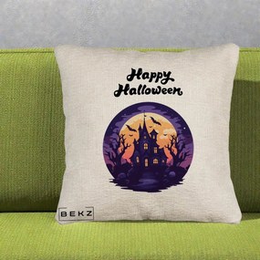 Perna Decorativa Happy Halloween Casa Bantuita Violet, 40x40 cm, Bej Canapea, Husa Detasabila, Perna Inclusa, BEKZ®
