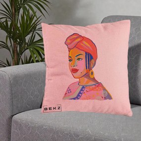 Perna Decorativa Portret Femeie Africana, 40x40 cm, Roz, Husa Detasabila, Perna Inclusa, BEKZ®