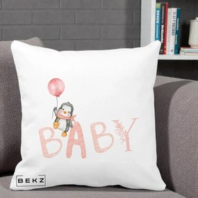 Perna Personalizata Baby Pinguin Roz, 40x40 cm, Alba Mata, Husa Detasabila, Perna Inclusa, BEKZ®