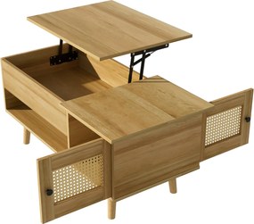 Masă de cafea cu blat rabatabil și uși din ratan, spațiu de depozitare practic,103x50x46 cm, Culoare naturală