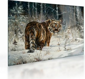 Tablou pe sticlă - Tigru într-o pădure înzăpezită, pictură în ulei (70x50 cm)