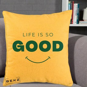 Perna Decorativa Life is So Good Mesaj Pozitiv, 40x40 cm, Galben, Husa Detasabila, Perna Inclusa, BEKZ®