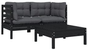 806680 vidaXL Set mobilier grădină cu perne, 3 piese, negru, lemn masiv pin
