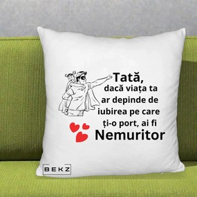 Cadou pentru Tata - Perna Personalizata Tata Nemuritor Supererou cu Masca, 40x40 cm, Alb Pufos, Husa Detasabila, Perna Inclusa, BEKZ®