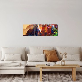Tablou - Satul de coastă Cinque Terre, Riviera italiană, impresionismul modern (cu ceas) (90x30 cm)