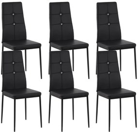HOMCOM Joc de 6 Scaune de Dining Tapitate în PU cu Spătar Înalt cu Butoane și Picioare de Oțel Design Modern Negru | Aosom Romania