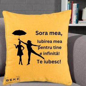 Cadou pentru Sora - Perna Personalizata Sora Mea Te Iubesc Siluete Negre cu Umbrela, 40x40 cm, Galben, Husa Detasabila, Perna Inclusa, BEKZ®