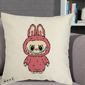 Perna Personalizata Labubu Roz Solo, 40x40 cm, Ecru, Husa Detasabila, Perna Inclusa, BEKZ®