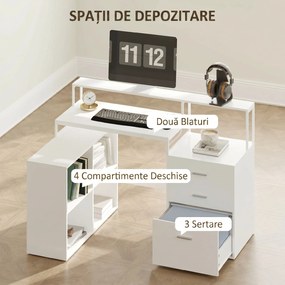 HOMCOM Birou în Formă de L cu Prize de Curent, Sertar și Suport pentru Monitor, 138,5x90x92 cm, Alb | Aosom Romania