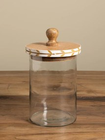 Borcan din sticlă natur cu capac din lemn de mango, model cu frunze stilizate, 19 × 12 cm, „Bocage"