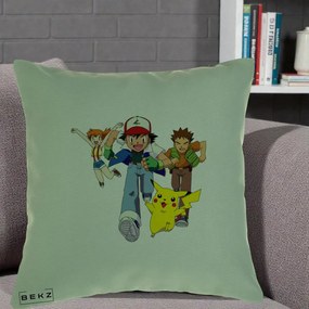 Perna Personalizata Pokemon Ash Misty Brock si Pikachu, 40x40 cm, Verde, Husa Detasabila, Perna Inclusa, BEKZ®