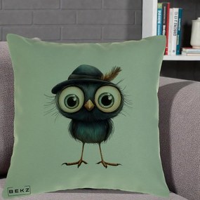 Perna Decorativa Pui Misterios cu Palarie Neagra, 40x40 cm, Verde, Husa Detasabila, Perna Inclusa, BEKZ®
