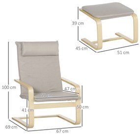 Fotoliu Relax cu suport pentru picioare, fotoliu din lemn si tesatura cu efect de in cu perna pentru tetiera, 67x69x100cm, gri HOMCOM | Aosom RO