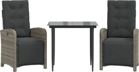 vidaXL Set bistro de grădină cu perne, 3 piese, gri, poliratan