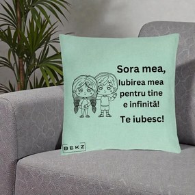 Cadou pentru Sora - Perna Personalizata Sora Mea Te Iubesc Copii Anime Line Art, 40x40 cm, Verde Menta, Husa Detasabila, Perna Inclusa, BEKZ®