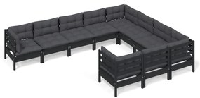 3096999 vidaXL Set mobilier grădină cu perne, 10 piese, negru, lemn de pin