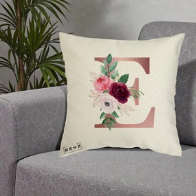 Cadou Personalizat - Perna Personalizata Monograma Rose Gold Litera E, 40x40 cm, Ecru, Husa Detasabila, Perna Inclusa, BEKZ®