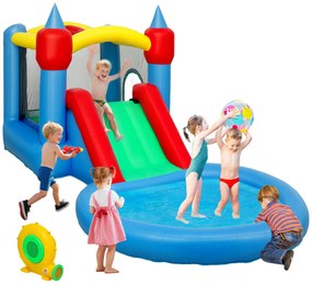 AIYAPLAY Castel gonflabil 4 în 1 cu tobogan, coș de baschet, piscină cu bile, ventilator 370W, 415 x 205 x 190 cm | Aosom Romania