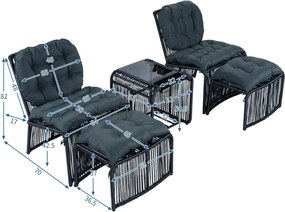 Set mobilier de grădină de exterior în 5 piese, set lounge pentru balcon cu 2 scaune, 2 taburete și masă cu blat din sticlă, Negru+Gri