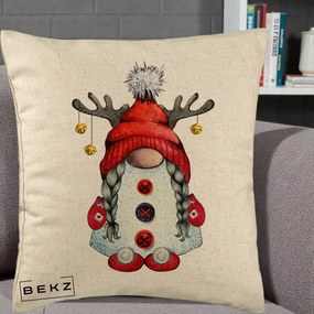 Perna Decorativa Pitic Gnom Craciun cu Coarne de Ren, 40x40 cm, Bej, Husa Detasabila, Perna Inclusa, BEKZ®