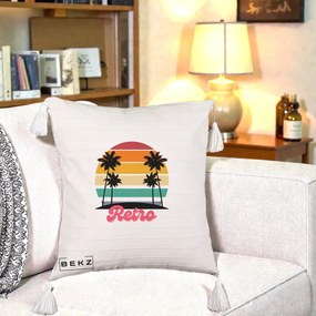 Perna Decorativa Retro Sunset Palmieri, 40x40 cm, Bej cu Franjuri, Husa Detasabila, Perna Inclusa, BEKZ®
