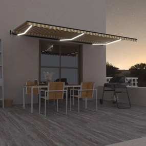 vidaXL Copertină automată cu senzor vânt&amp;LED, galben/alb, 600x350 cm