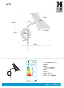 Aplică de perete neagră cu alimentare la priză ø 9,5 cm Cal – Markslöjd
