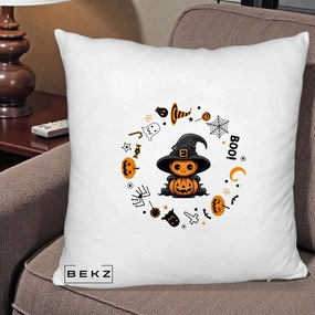 Perna Decorativa Halloween Dovleac Vrajitor Boo cu Simboluri, 40x40 cm, Alb Pufos, Husa Detasabila, Perna Inclusa, BEKZ®