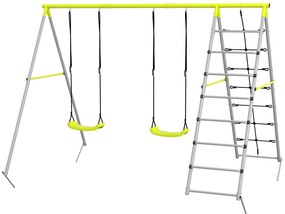Outsunny 4 în 1 balansoar portic pentru copii cu 2 șezlonguri de balansoar, scară cățărătoare și plasă de escaladă verde | Aosom Romania