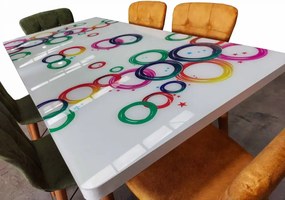 Set masa extensibila picioare lemn, blat sticla securizata multicolor +6 scaune tapitate Fusion Homs verde 80x 170 cm