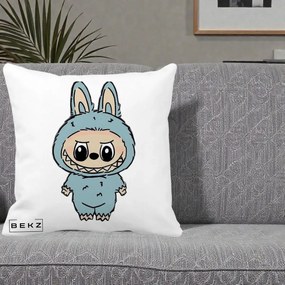 Perna Personalizata Labubu Albastru-Gri Solo, 40x40 cm, Alba Mata, Husa Detasabila, Perna Inclusa, BEKZ®
