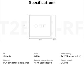 Telecomanda Wireless Sonoff T2EU2C-RF, 2 canale, RF, sticla securizata, alba