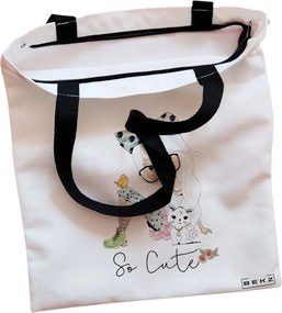 Sacosa de Panza pentru Cumparaturi, Geanta Tote, model So Cute, Cu fermoar, 38x34.5 cm, Alba, BEKZ®