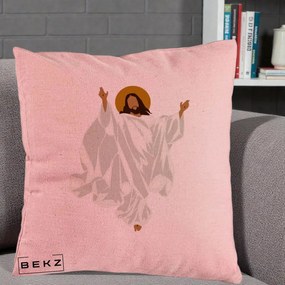Perna Decorativa Iisus Hristos Invierea Silueta Minimalista, 40x40 cm, Roz, Husa Detasabila, Perna Inclusa, BEKZ®