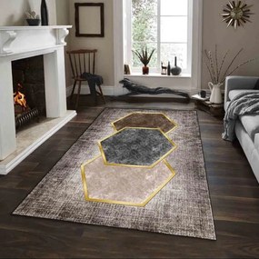 Covor Antiderapant  Design Hexagon  80x150cm  Maro/Gri/Auriu