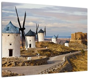 Tablou pe sticlă - Morile de vânt din Consuegra, Spania (70x50 cm)