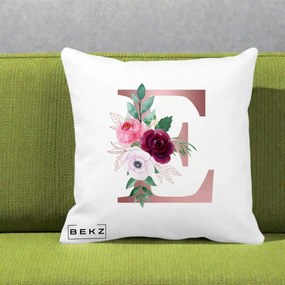 Cadou Personalizat - Perna Personalizata Monograma Rose Gold Litera E, 40x40 cm, Alba Mata, Husa Detasabila, Perna Inclusa, BEKZ®