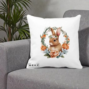 Perna Decorativa Iepuras Floral Coronita Acuarela, 40x40 cm, Alba Mata, Husa Detasabila, Perna Inclusa, BEKZ®
