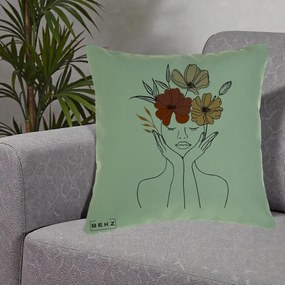 Perna Decorativa Portret Feminin Coroana Trei Flori, 40x40 cm, Verde, Husa Detasabila, Perna Inclusa, BEKZ®